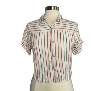 VOLCOM Extra Small Multicolored Cropped Collared Button Down Top Stripes